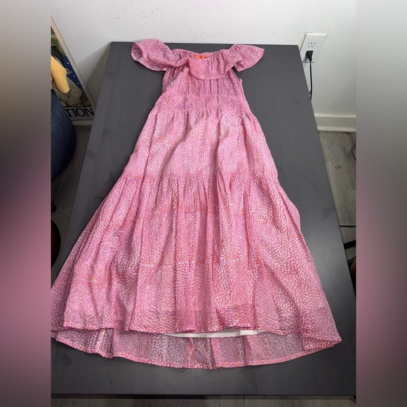 Oliphant Ruffle Neck Midi Dress pebble lilac coral print pink flounce - Picture 5 of 11